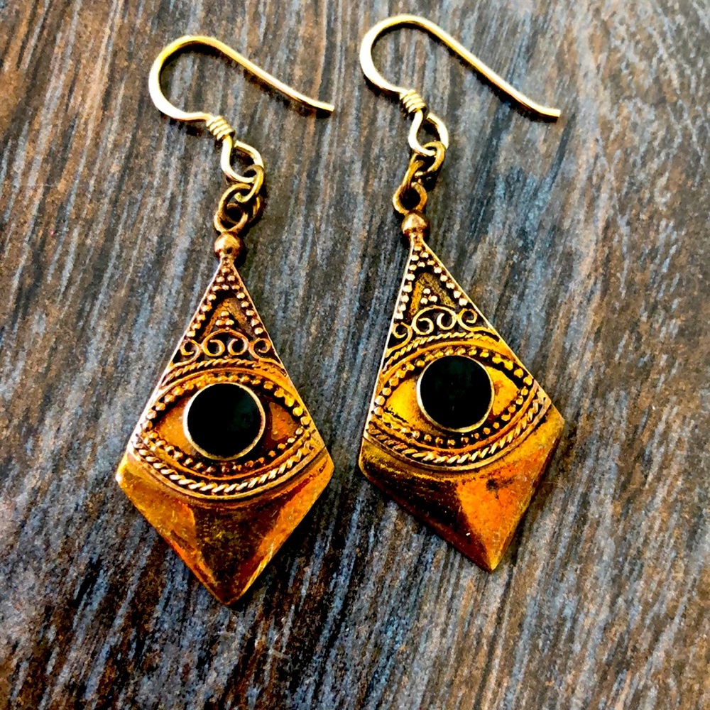 Evil eye inlaid onyx brass earrings